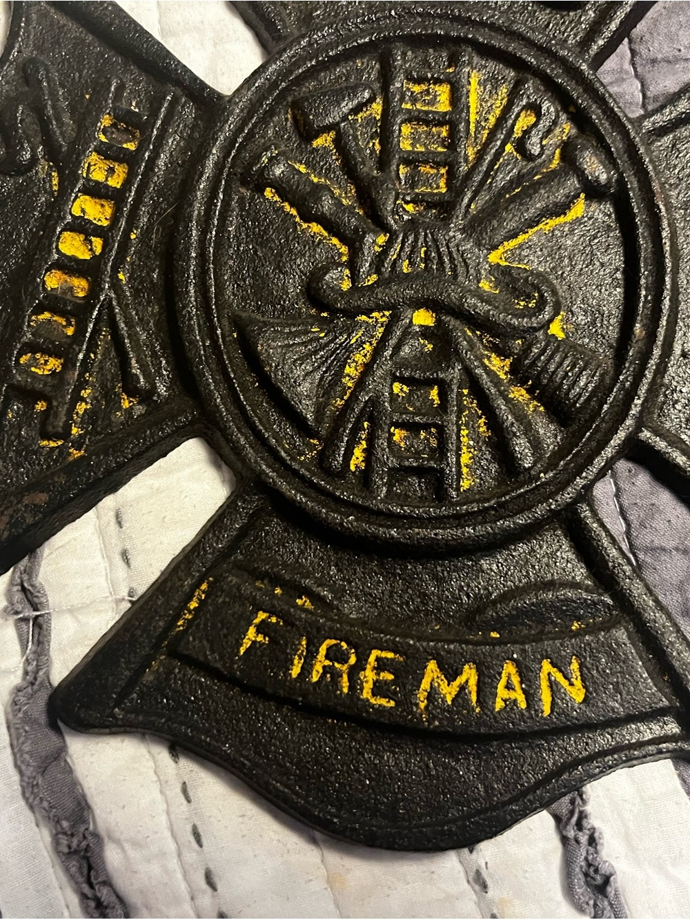 Cast Iron Firefighter Maltese Cross Wall Decor - Black & Yellow - Picture 4 of 7